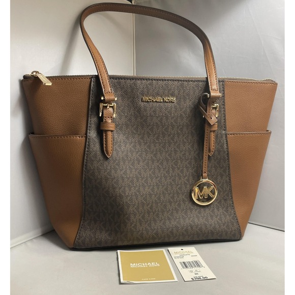 Michael Kors Tote Bag Womens Medium Brown Acorn Jet Set Travel MK Purse READ - Picture 1 of 15